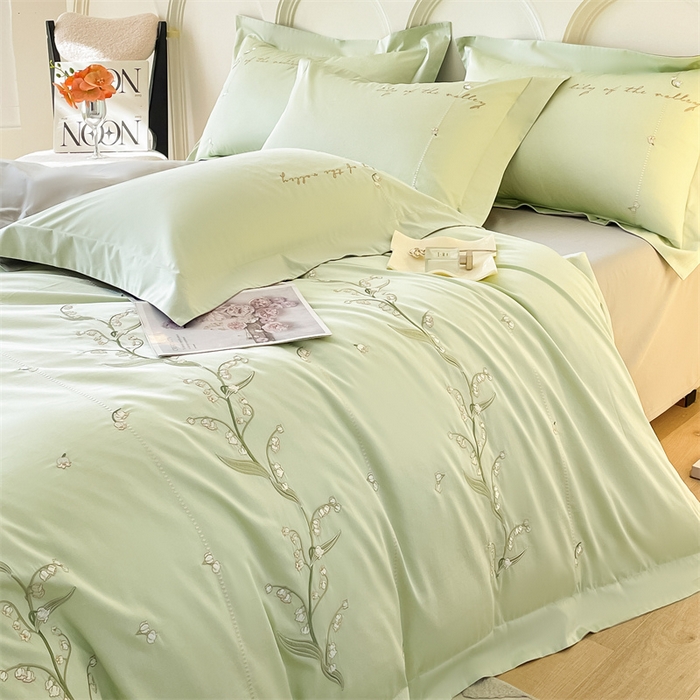 91家纺网 家纺一手货源 找家纺 蓝米卡夫 2024新品-全棉铃兰花语刺绣宽边系列 铃兰花语-抹茶山灰