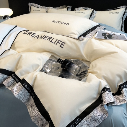 91家纺网 家纺一手货源 找家纺 总推-笙意 2025新款全棉轻奢宽边法式刺绣拼边四件套床单被套枕套床笠款