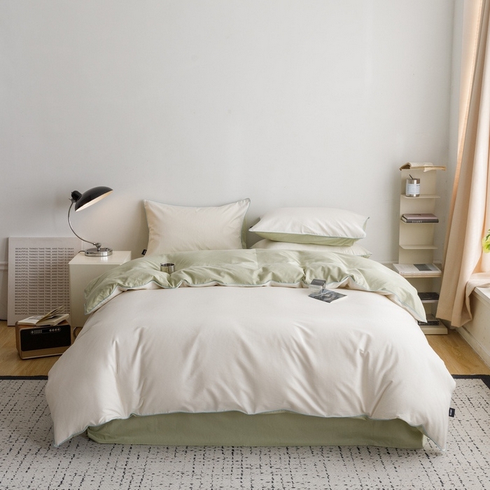 91家纺网 家纺一手货源 找家纺 卡姿家纺 2024春夏纯色双拼嵌绳款四件套—莫琳 莫琳白绿