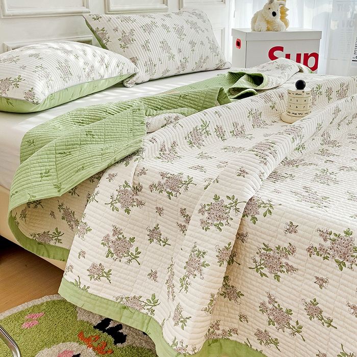 91家纺网 家纺一手货源 找家纺 沐纯家居 2024新款40S13372双面纯棉床盖三件套 铃兰花