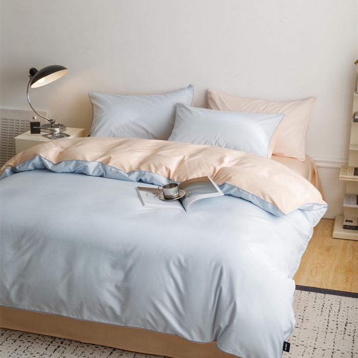 91家纺网 家纺一手货源 找家纺 卡姿家纺 2024春夏纯色双拼嵌绳款四件套—莫琳 莫琳蓝杏