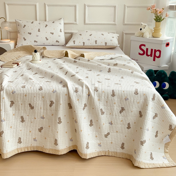 91家纺网 家纺一手货源 找家纺 沐纯家居 2024新款40S13372双面纯棉床盖三件套 月亮兔