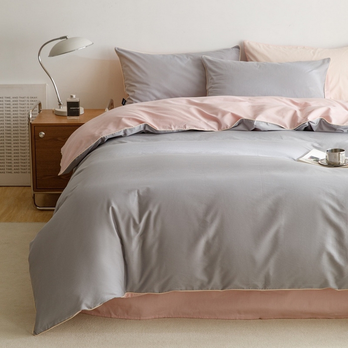 91家纺网 家纺一手货源 找家纺 卡姿家纺 2024春夏纯色双拼嵌绳款四件套—莫琳 莫琳灰粉