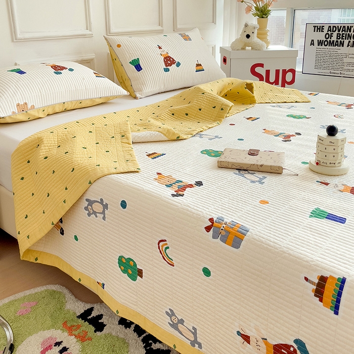 91家纺网 家纺一手货源 找家纺 沐纯家居 2024新款40S13372双面纯棉床盖三件套 快乐童年