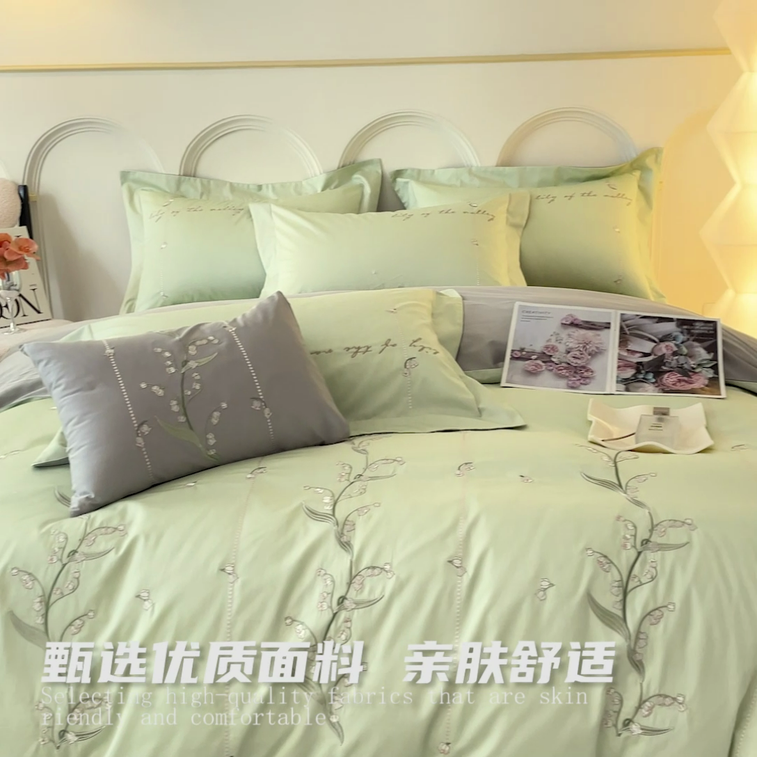 91家纺网 家纺一手货源 找家纺 蓝米卡夫 2024新品-全棉铃兰花语刺绣宽边系列 铃兰花语-抹茶山灰