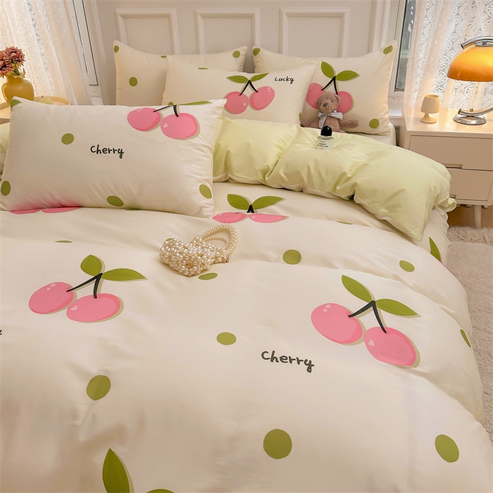 91家纺网 家纺一手货源 找家纺  雯豆家纺 2024新款全棉纯棉单件被套小清新印花被罩三件套 全棉被套-波点樱桃