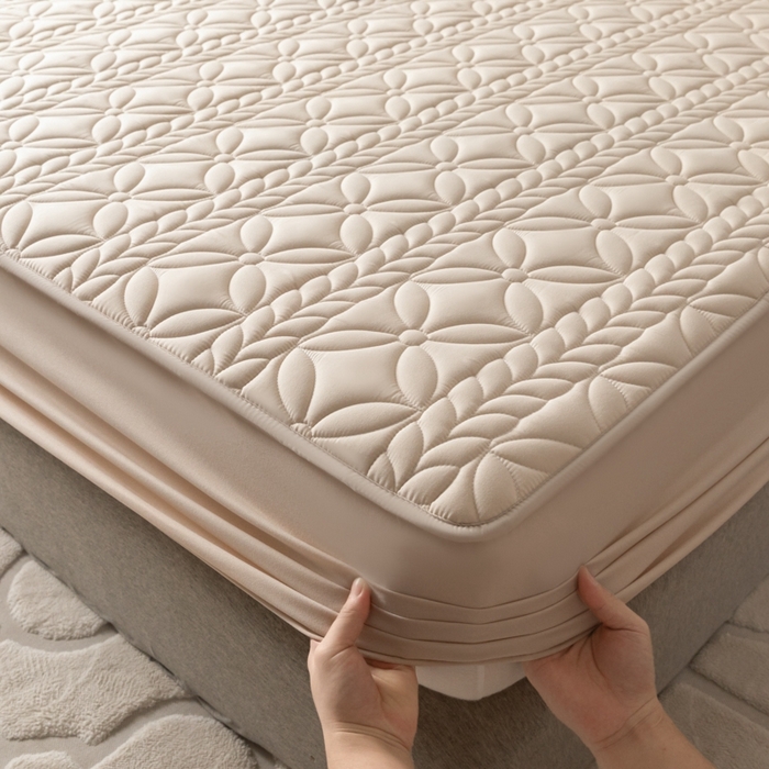 91家纺网 家纺一手货源 找家纺 鑫钰 2024新款A类防水大豆夹棉床笠-麦穗 花穗-香槟驼