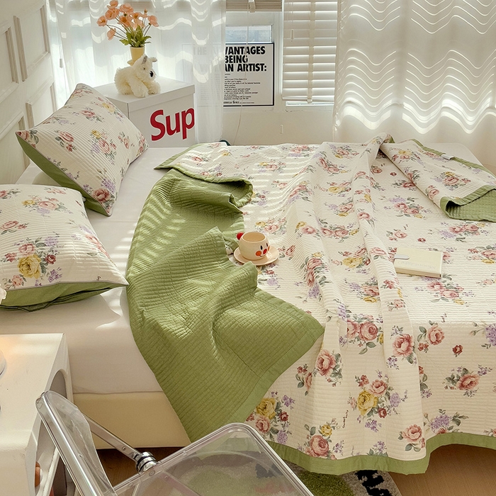 91家纺网 家纺一手货源 找家纺 沐纯家居 2024新款40S13372双面纯棉床盖三件套 粉末年华