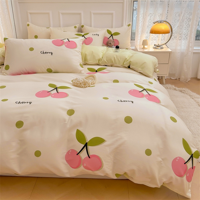 91家纺网 家纺一手货源 找家纺  雯豆家纺 2024新款全棉纯棉单件被套小清新印花被罩三件套 全棉被套-波点樱桃