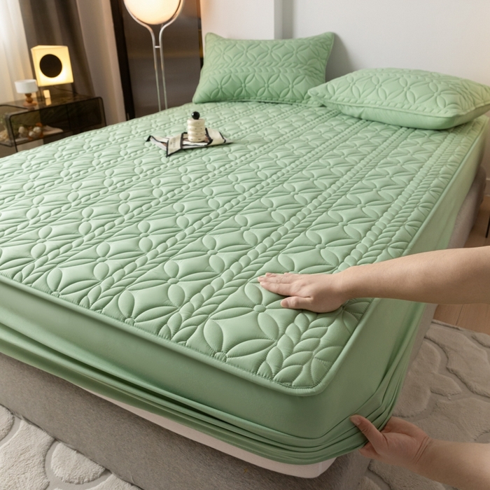 91家纺网 家纺一手货源 找家纺 鑫钰 2024新款A类防水大豆夹棉床笠-麦穗 花穗-时尚绿