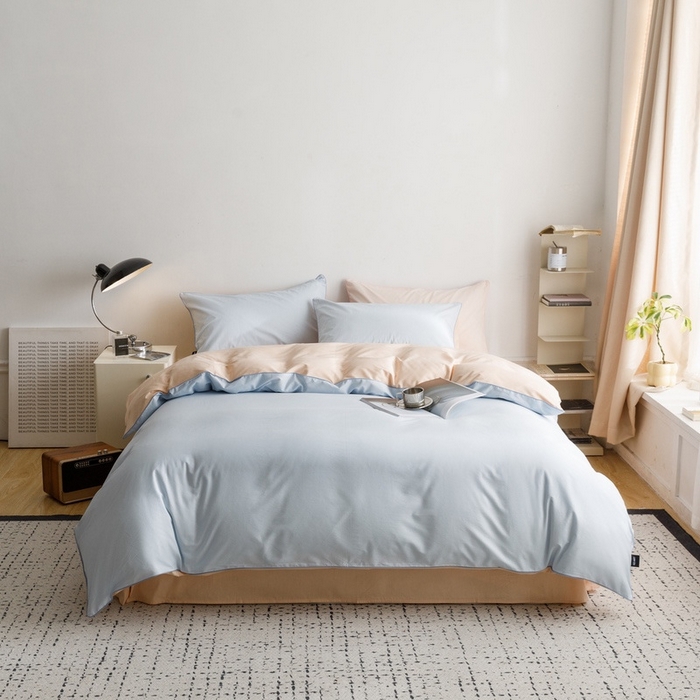 91家纺网 家纺一手货源 找家纺 卡姿家纺 2024春夏纯色双拼嵌绳款四件套—莫琳 莫琳蓝杏