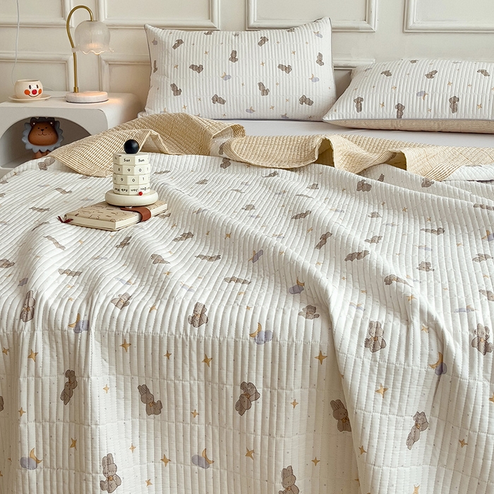 91家纺网 家纺一手货源 找家纺 沐纯家居 2024新款40S13372双面纯棉床盖三件套 月亮兔