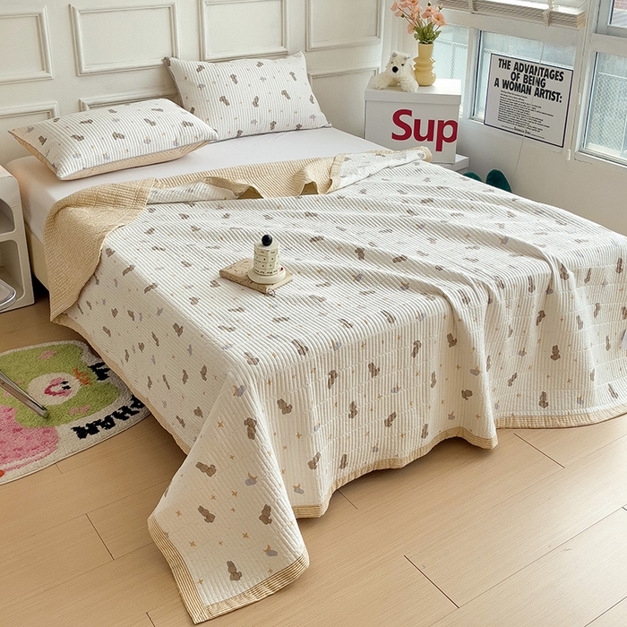 91家纺网 家纺一手货源 找家纺 沐纯家居 2024新款40S13372双面纯棉床盖三件套 月亮兔