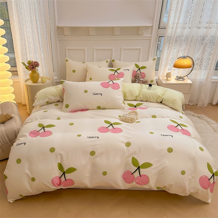 91家纺网 家纺一手货源 找家纺  雯豆家纺 2024新款全棉纯棉单件被套小清新印花被罩三件套 全棉被套-波点樱桃