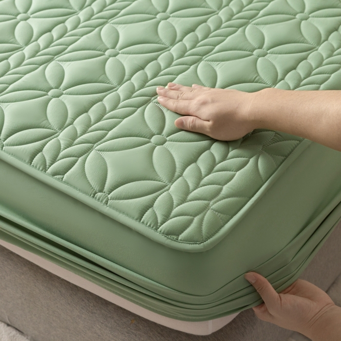 91家纺网 家纺一手货源 找家纺 鑫钰 2024新款A类防水大豆夹棉床笠-麦穗 花穗-时尚绿