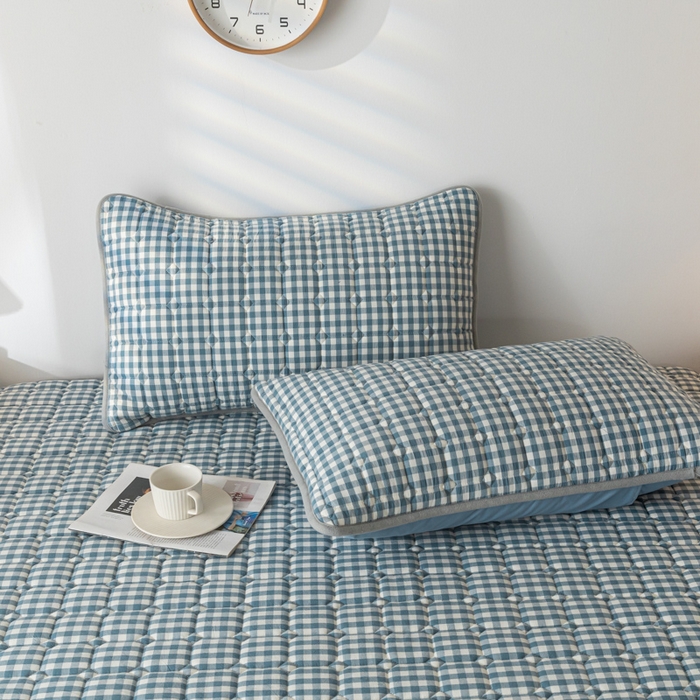 91家纺网 家纺一手货源 找家纺 鑫钰 2024新款无印风水洗棉水洗亲肤大豆夹棉床笠-简格 简格-蓝小格