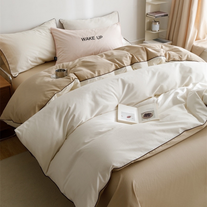 91家纺网 家纺一手货源 找家纺 卡姿家纺 2024春夏纯色双拼嵌绳款四件套—莫琳 莫琳白棕