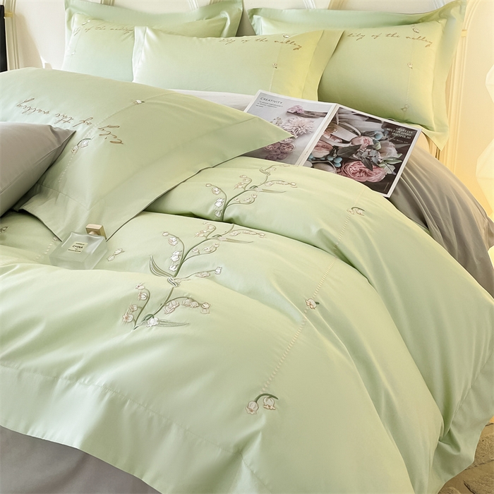 91家纺网 家纺一手货源 找家纺 蓝米卡夫 2024新品-全棉铃兰花语刺绣宽边系列 铃兰花语-抹茶山灰