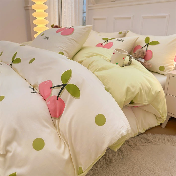 91家纺网 家纺一手货源 找家纺  雯豆家纺 2024新款全棉纯棉单件被套小清新印花被罩三件套 全棉被套-波点樱桃