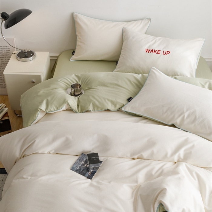 91家纺网 家纺一手货源 找家纺 卡姿家纺 2024春夏纯色双拼嵌绳款四件套—莫琳 莫琳白绿