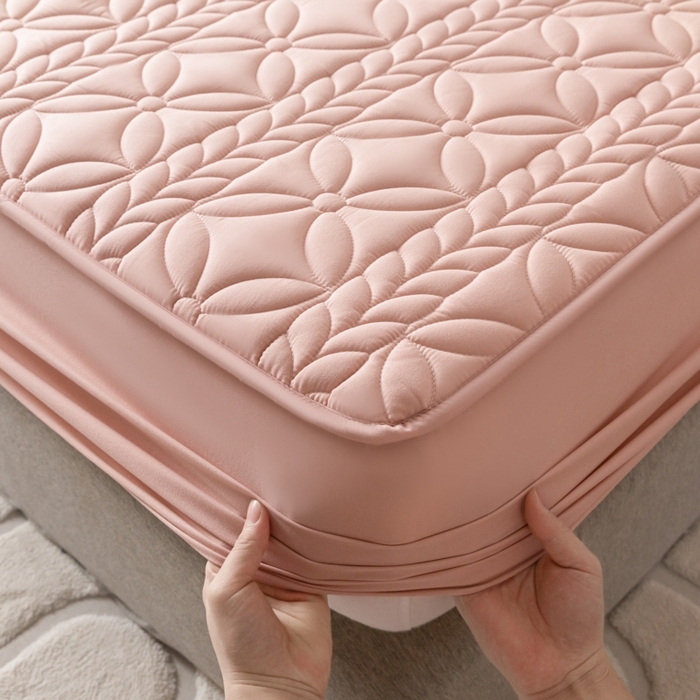 91家纺网 家纺一手货源 找家纺 鑫钰 2024新款A类防水大豆夹棉床笠-麦穗 花穗-豆沙粉