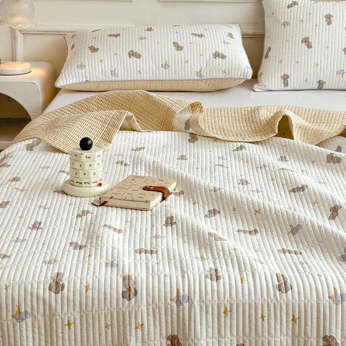 91家纺网 家纺一手货源 找家纺 沐纯家居 2024新款40S13372双面纯棉床盖三件套 月亮兔