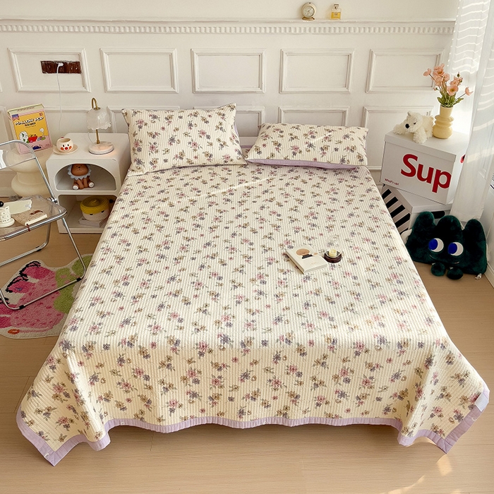 91家纺网 家纺一手货源 找家纺 沐纯家居 2024新款40S13372双面纯棉床盖三件套 暖夏清风