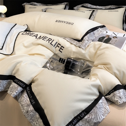 91家纺网 家纺一手货源 找家纺 总推-笙意 2025新款全棉轻奢宽边法式刺绣拼边四件套床单被套枕套床笠款