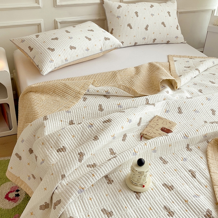 91家纺网 家纺一手货源 找家纺 沐纯家居 2024新款40S13372双面纯棉床盖三件套 月亮兔