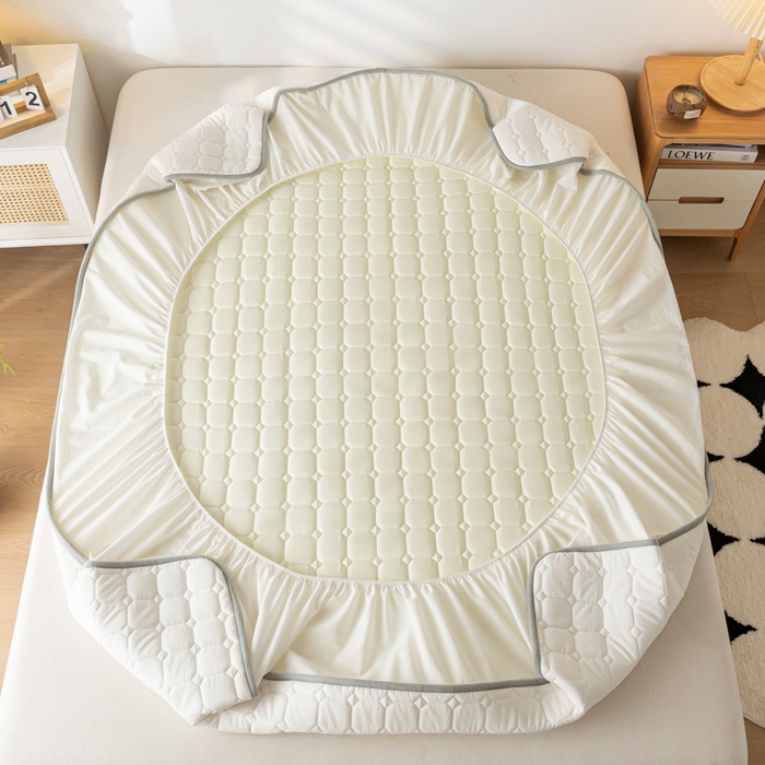 91家纺网 家纺一手货源 找家纺 鑫钰 2024新款无印风水洗棉水洗亲肤大豆夹棉床笠-简格 简格-月光白