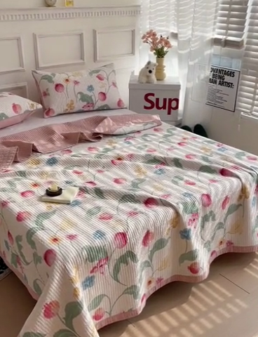 91家纺网 家纺一手货源 找家纺 沐纯家居 2024新款40S13372双面纯棉床盖三件套 时榴