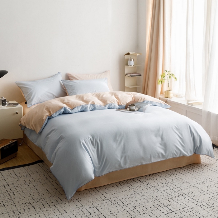 91家纺网 家纺一手货源 找家纺 卡姿家纺 2024春夏纯色双拼嵌绳款四件套—莫琳 莫琳蓝杏