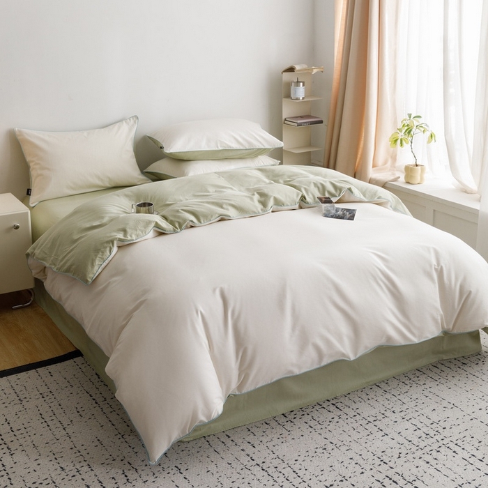 91家纺网 家纺一手货源 找家纺 卡姿家纺 2024春夏纯色双拼嵌绳款四件套—莫琳 莫琳白绿