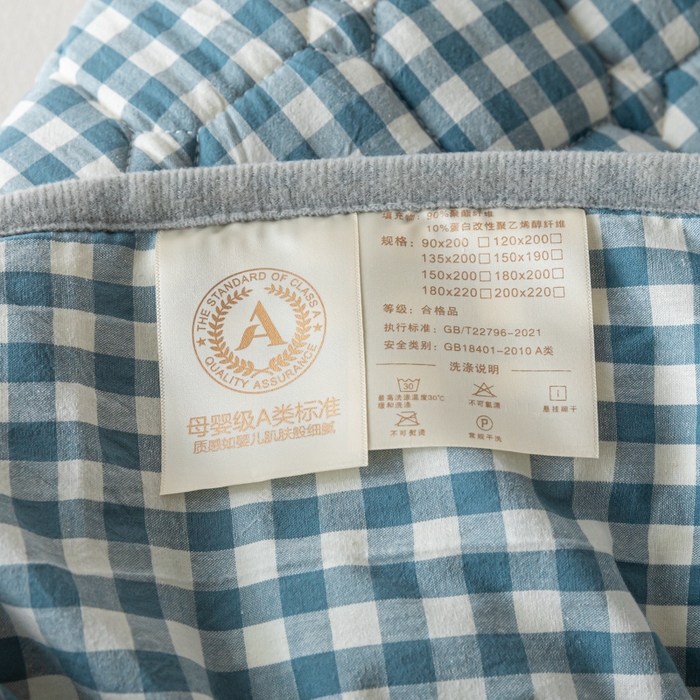 91家纺网 家纺一手货源 找家纺 鑫钰 2024新款无印风水洗棉水洗亲肤大豆夹棉床笠-简格 简格-蓝小格