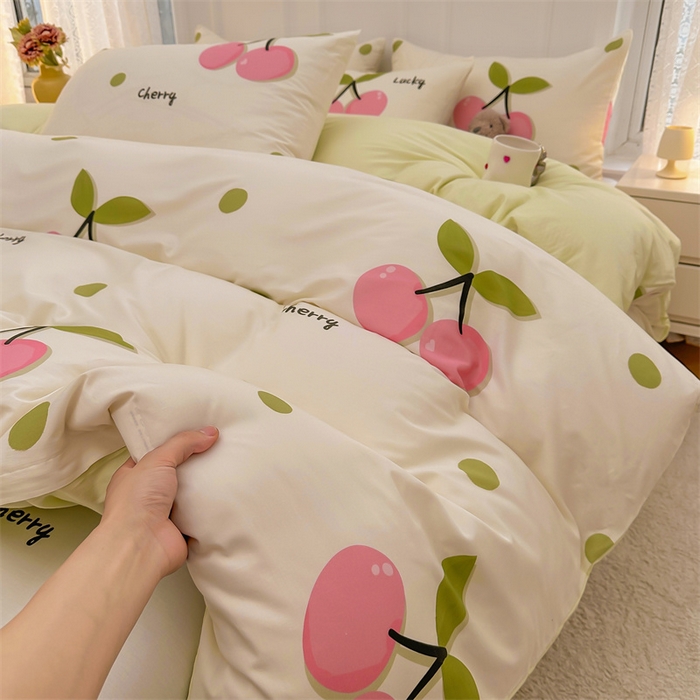 91家纺网 家纺一手货源 找家纺  雯豆家纺 2024新款全棉纯棉单件被套小清新印花被罩三件套 全棉被套-波点樱桃