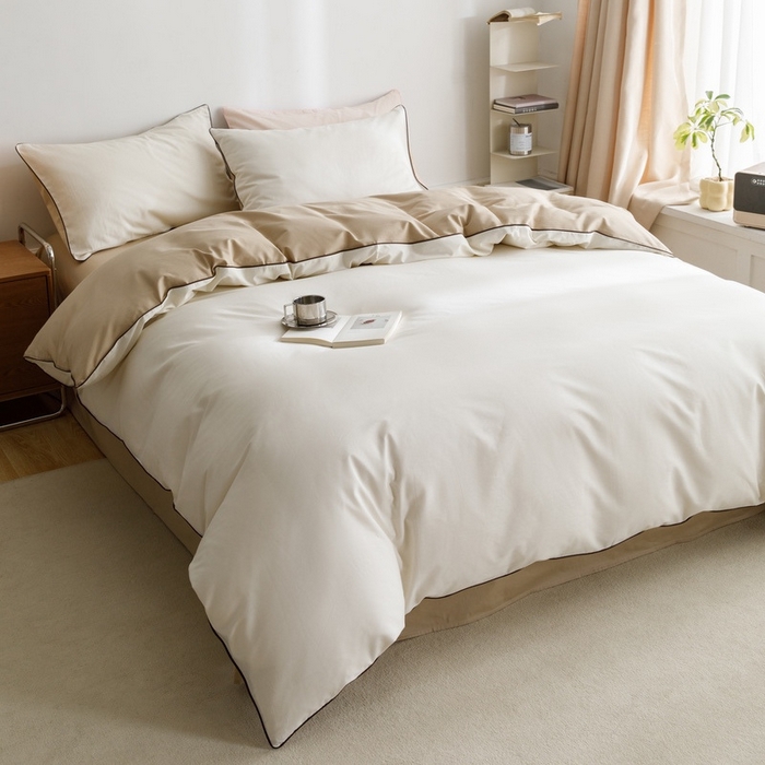 91家纺网 家纺一手货源 找家纺 卡姿家纺 2024春夏纯色双拼嵌绳款四件套—莫琳 莫琳白棕