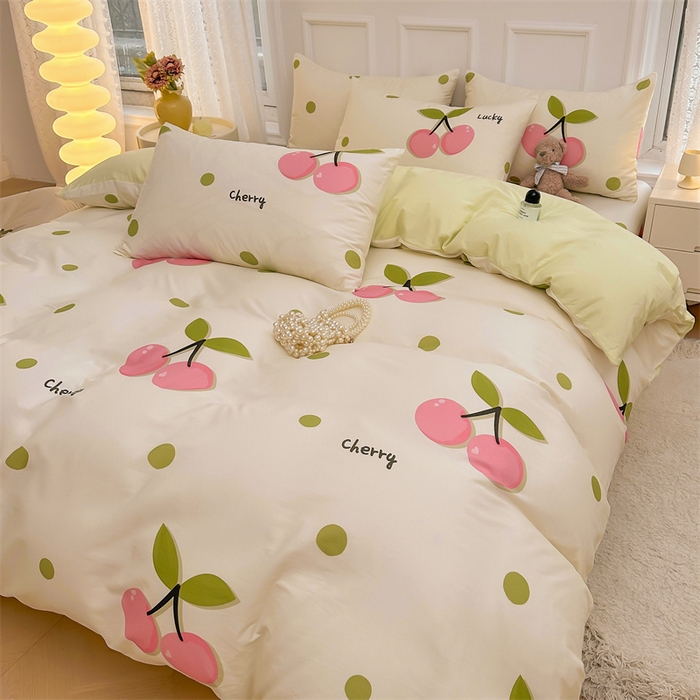 91家纺网 家纺一手货源 找家纺  雯豆家纺 2024新款全棉纯棉单件被套小清新印花被罩三件套 全棉被套-波点樱桃