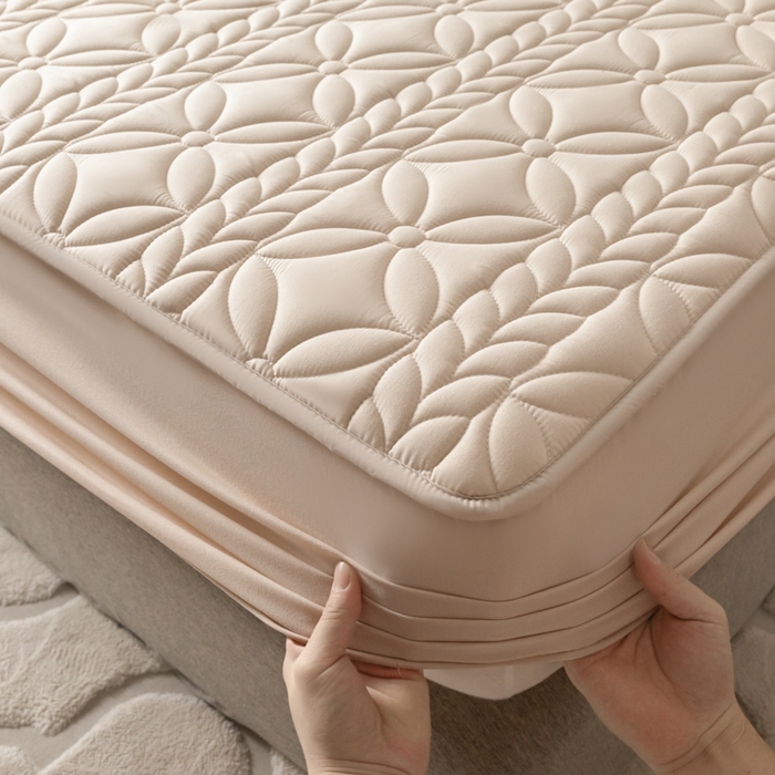 91家纺网 家纺一手货源 找家纺 鑫钰 2024新款A类防水大豆夹棉床笠-麦穗 花穗-香槟驼