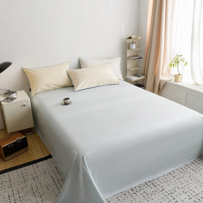 91家纺网 家纺一手货源 找家纺 卡姿家纺 2024春夏纯色双拼嵌绳款单床单—莫琳 莫琳 床单浅云蓝