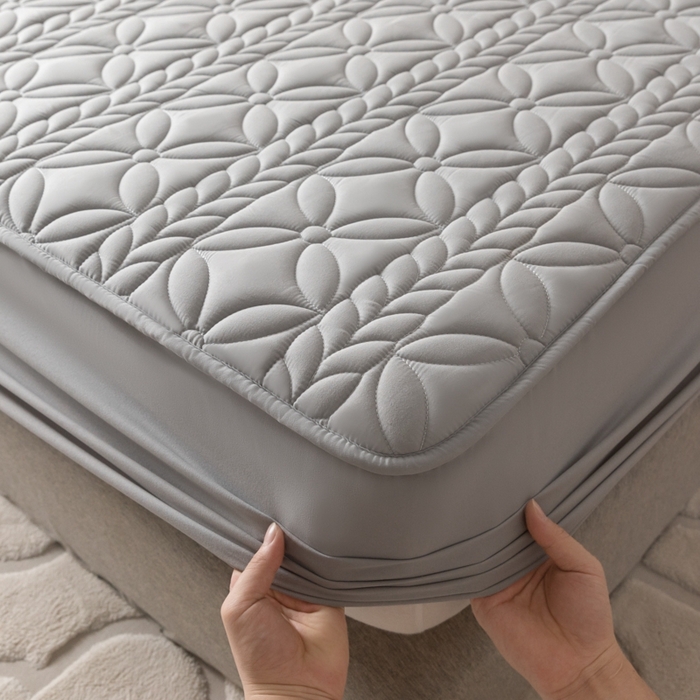 91家纺网 家纺一手货源 找家纺 鑫钰 2024新款A类防水大豆夹棉床笠-麦穗 花穗-低调灰