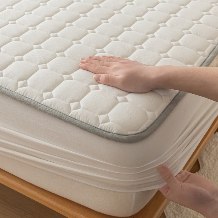 91家纺网 家纺一手货源 找家纺 鑫钰 2024新款无印风水洗棉水洗亲肤大豆夹棉床笠-简格 简格-月光白