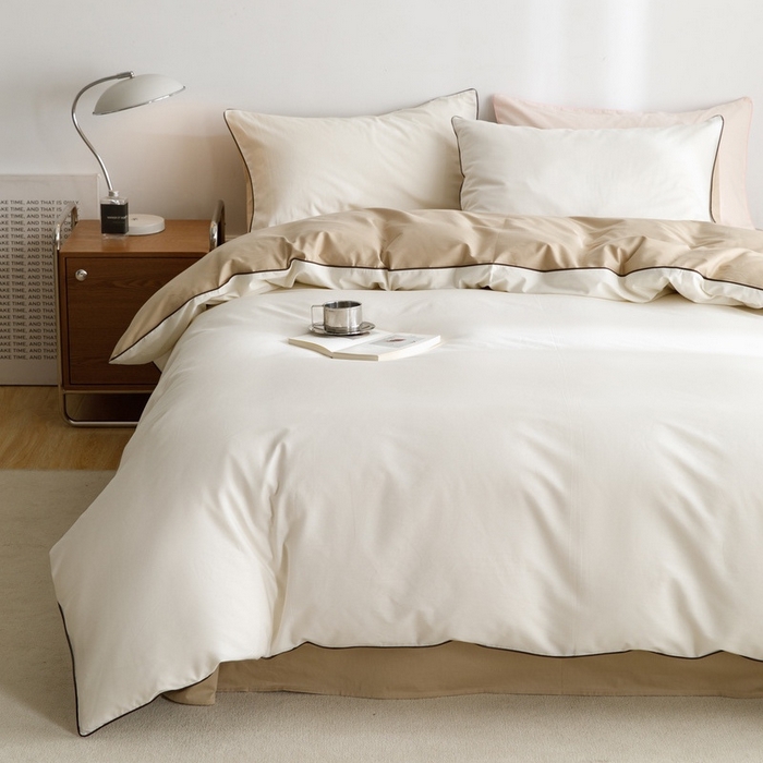 91家纺网 家纺一手货源 找家纺 卡姿家纺 2024春夏纯色双拼嵌绳款四件套—莫琳 莫琳白棕