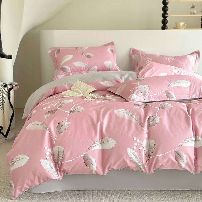 91家纺网 家纺一手货源 找家纺  元元被芯 2024新款全棉长绒棉数码印花四件套全棉四件套纯棉四件套 迷离叶色-粉