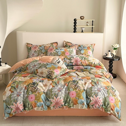  元元被芯 2024新款全棉长绒棉数码印花四件套全棉四件套纯棉四件套 花的嫁纱-桔