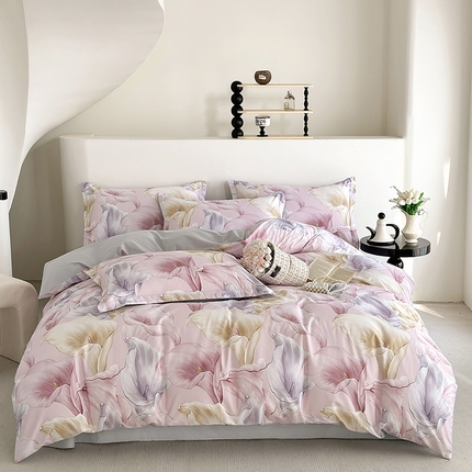  元元被芯 2024新款全棉长绒棉数码印花四件套全棉四件套纯棉四件套 步步生莲-粉