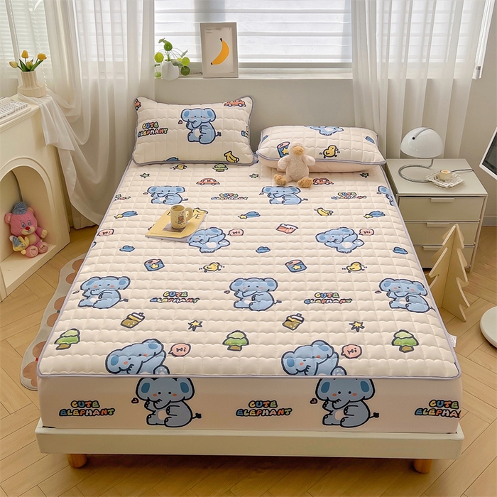 91家纺网 家纺一手货源 找家纺 雯豆家纺 2024新款A类全棉纯棉夹棉床笠三件套印花床笠 全棉夹棉床笠-小象先生