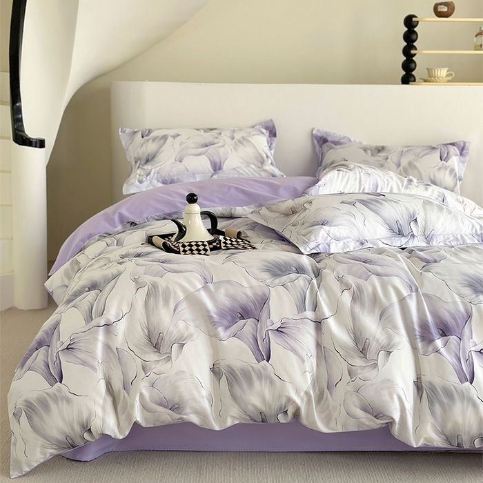 91家纺网 家纺一手货源 找家纺  元元被芯 2024新款全棉长绒棉数码印花四件套全棉四件套纯棉四件套 步步生莲-紫