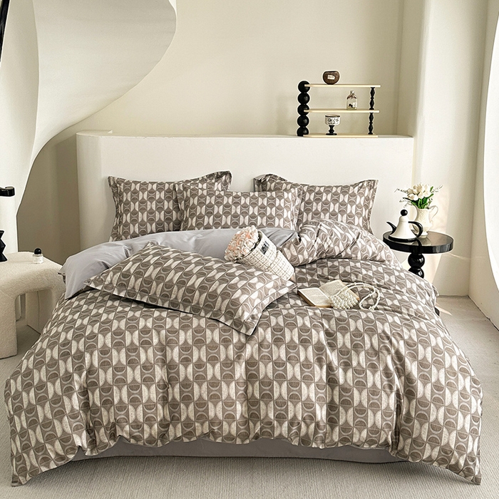 91家纺网 家纺一手货源 找家纺  元元被芯 2024新款全棉长绒棉数码印花四件套全棉四件套纯棉四件套 几何汇-咖