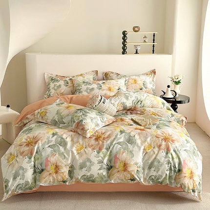  元元被芯 2024新款全棉长绒棉数码印花四件套全棉四件套纯棉四件套 花的旅途-桔