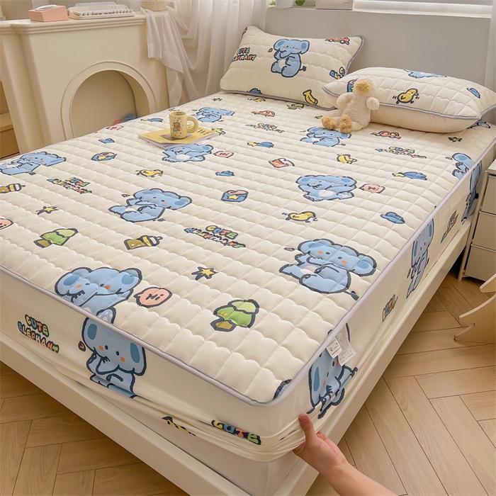 91家纺网 家纺一手货源 找家纺 雯豆家纺 2024新款A类全棉纯棉夹棉床笠三件套印花床笠 全棉夹棉床笠-小象先生